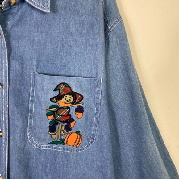 Vintage Solutions Chambray Denim Fall Halloween Scarecrow Pumpkin Button Up Sz M - Picture 2 of 8